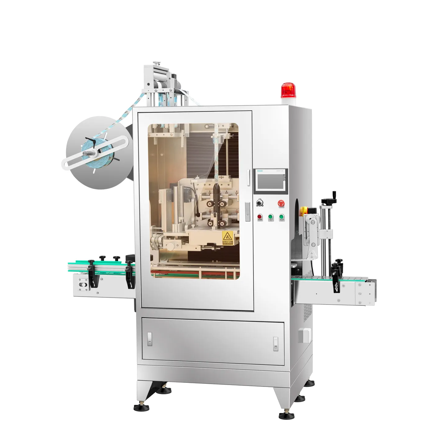 Compact shrink sleeve labeling machine with single film reel and touchscreen