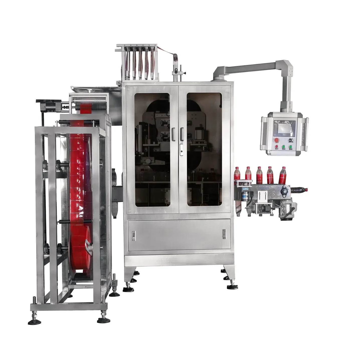High-speed shrink sleeve labeler, front view with bottles on the outfeed