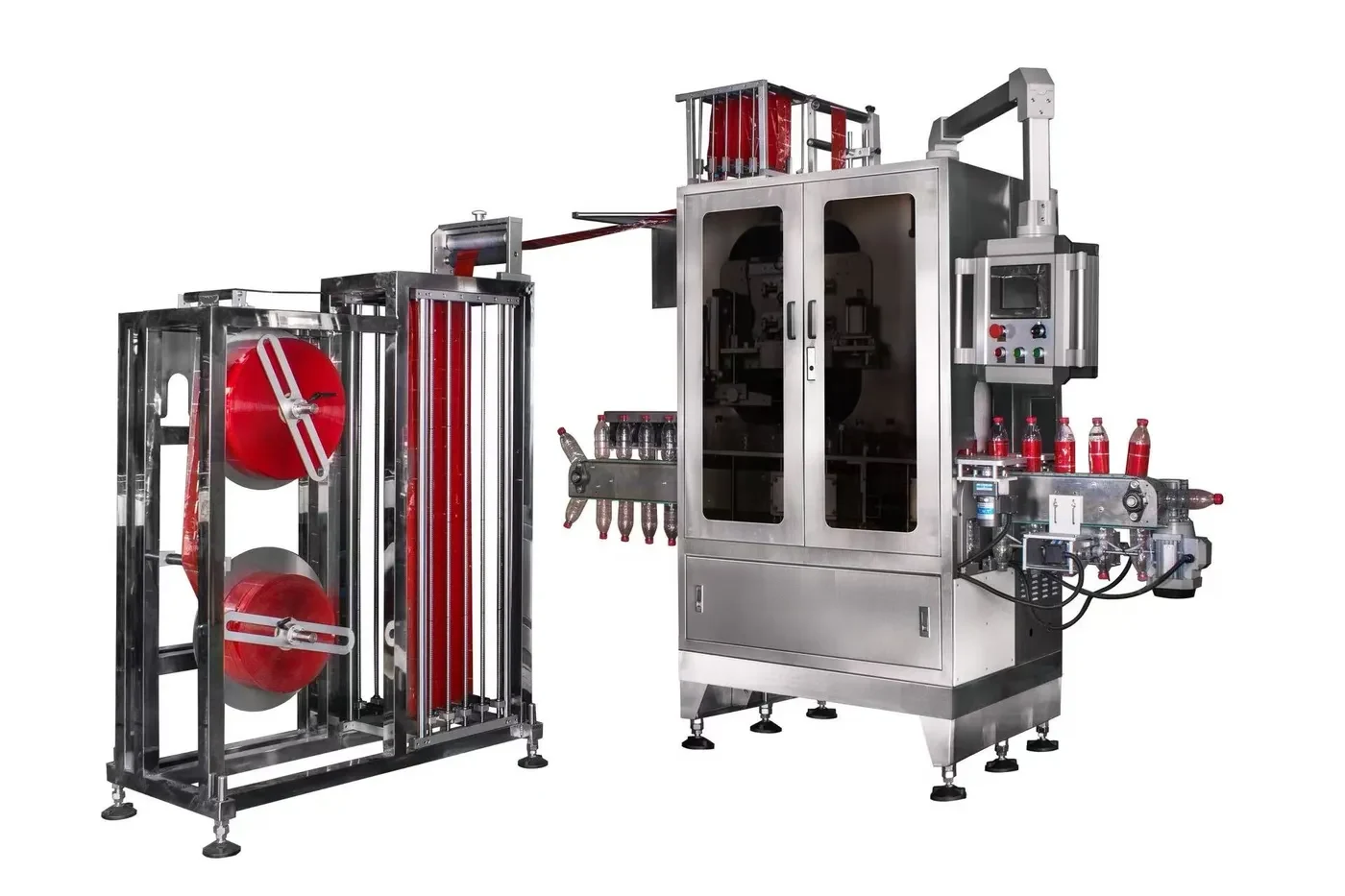 High-speed shrink sleeve labeling machine with double-reel unwinder and label buffer