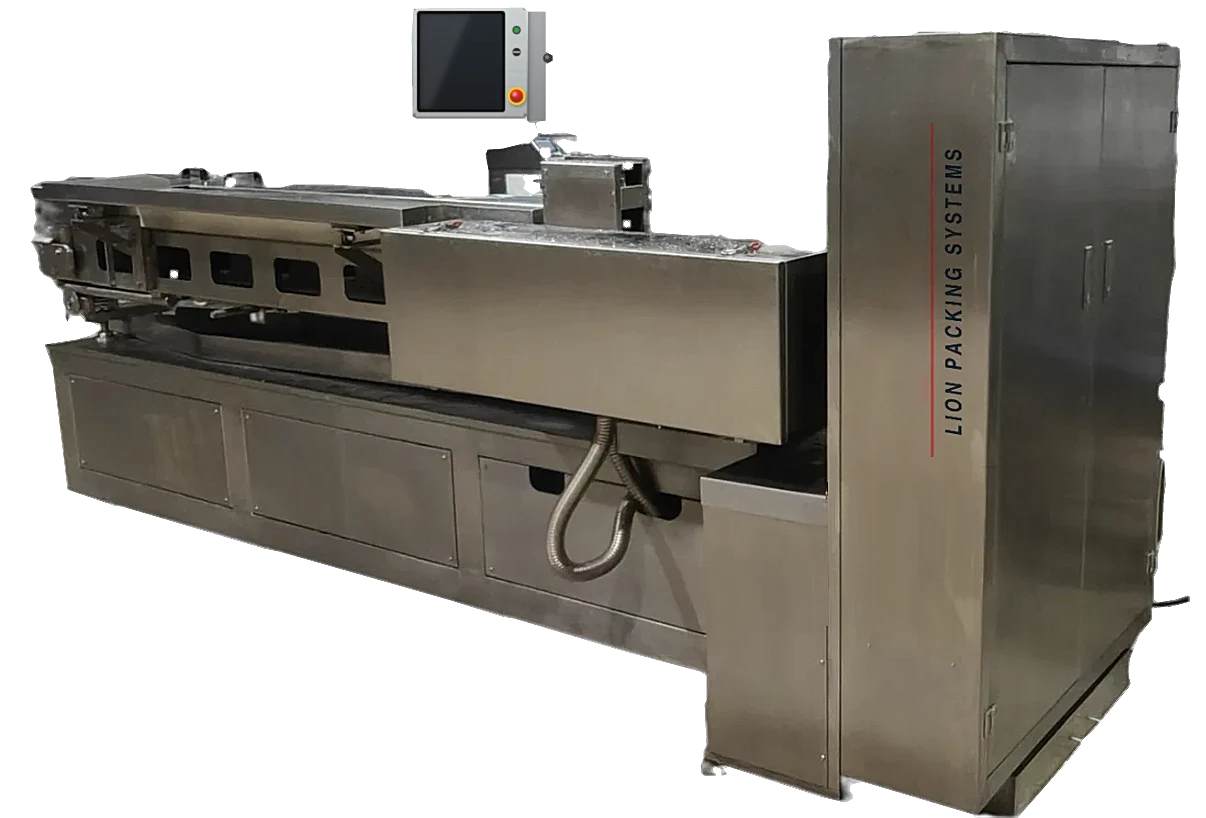 Lion automatic tuna packing machine, stainless steel, with the Lion Packing Systems name on the control cabinet
